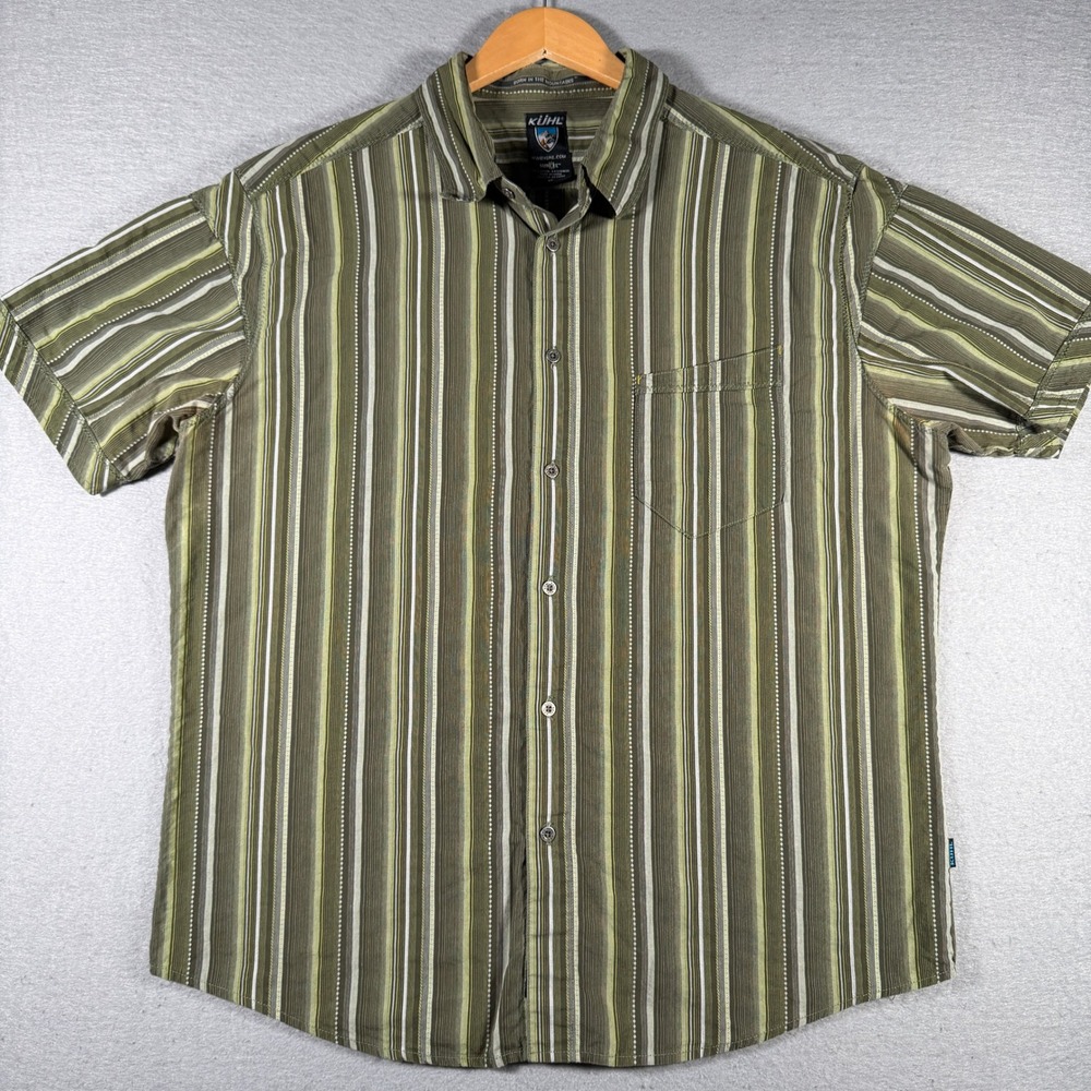Kuhl‎ Suncel Mens XL Short Sleeve Button Down Shirt Olive Green Striped Cotton